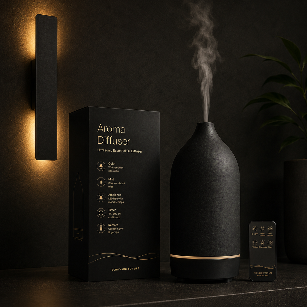 Black Ceramic Aromatherapy Diffuser – 160ml Ultrasonic Essential Oil Humidifier with Modern Stone Design