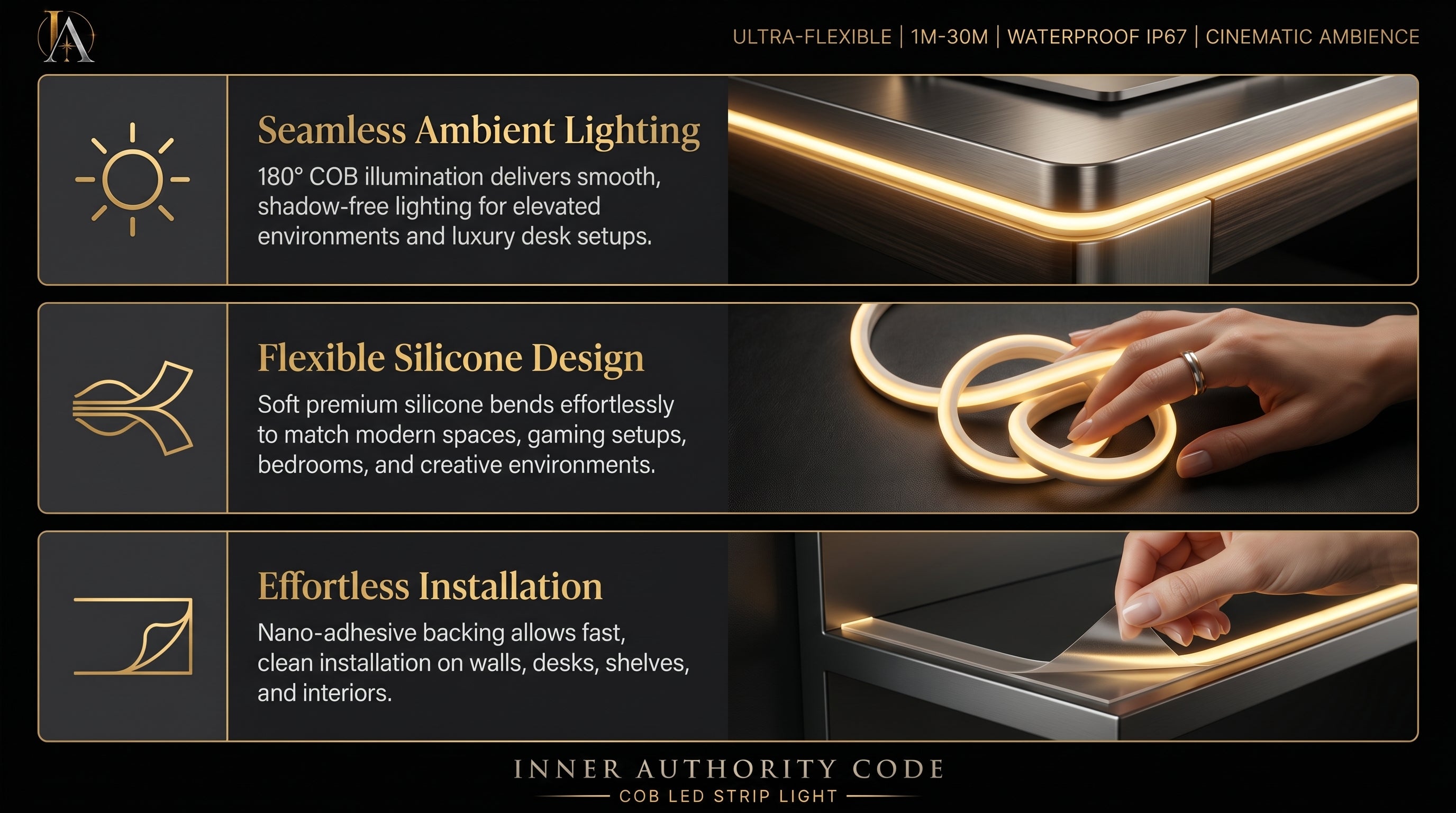 "Inner Authority Glow" 1m-30m Waterproof COB LED Strip Light – Flexible Silicone Ambient Neon Lighting for Luxury Room, Desk Setup, Gaming, and Modern Home Atmosphere.